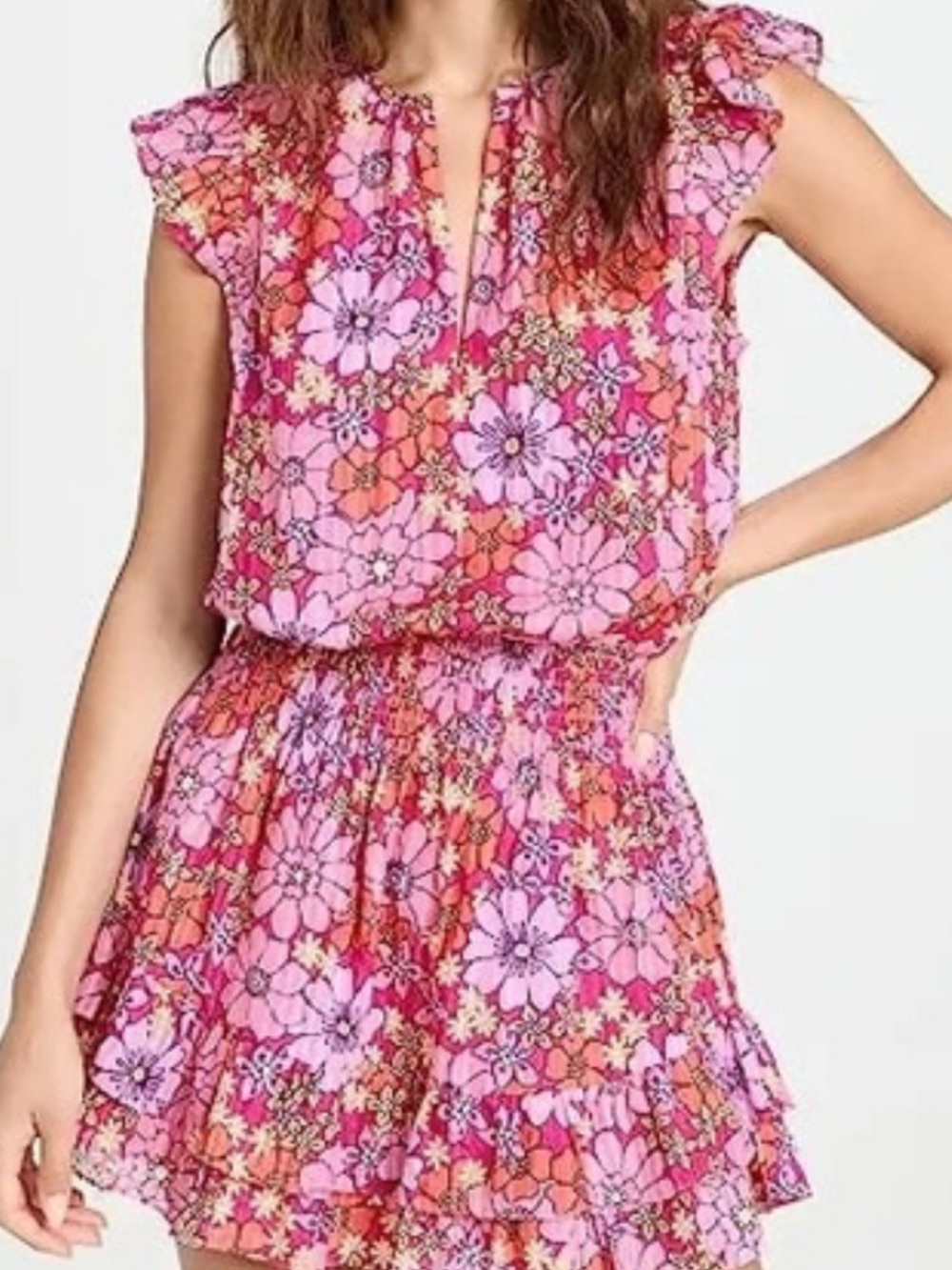 Ramy Brook Charlene Flutter Sleeve Mini Dress in a pink retro floral
